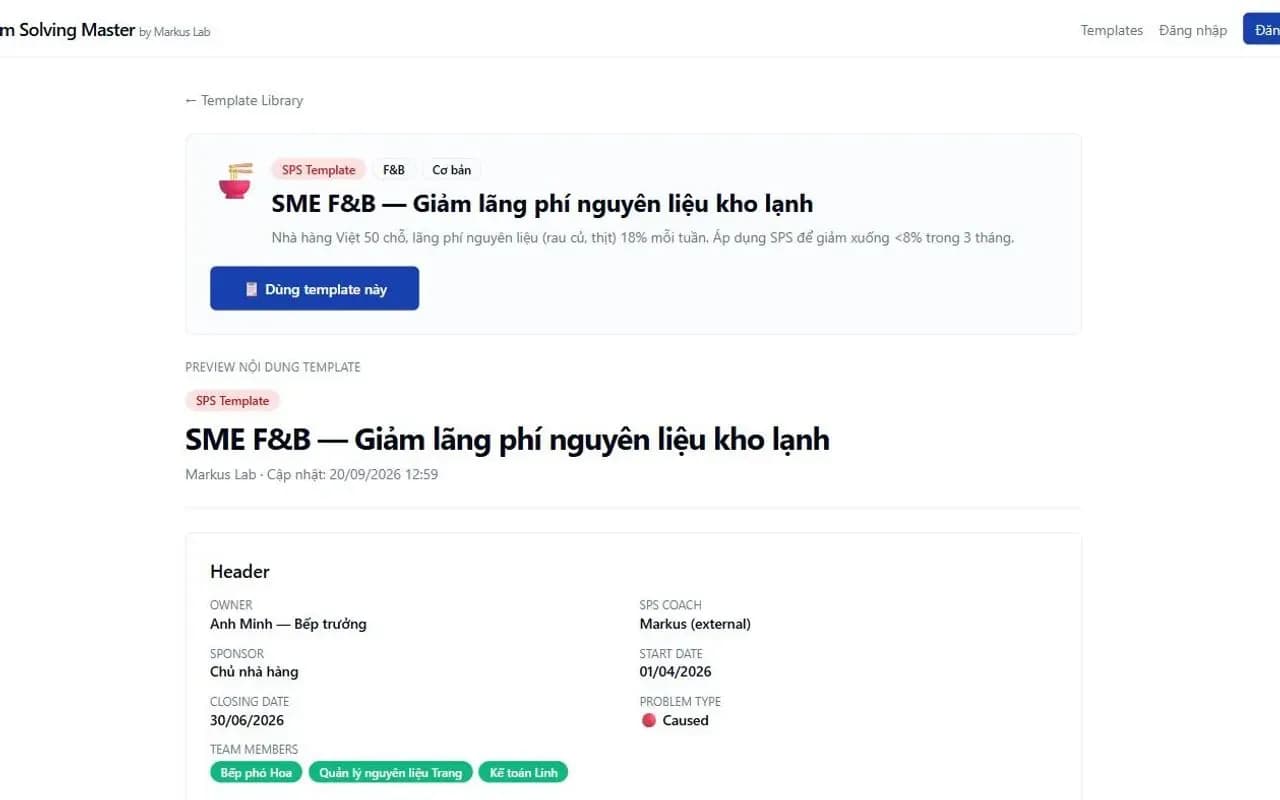 Case study mẫu giảm lãng phí nguyên liệu trong nhà hàng, có người phụ trách và mốc thời gian
