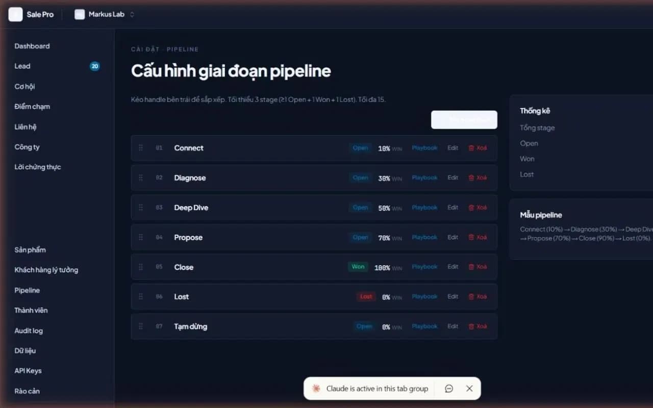 Màn cấu hình bảy giai đoạn pipeline bán hàng kèm tỉ lệ thắng của từng giai đoạn