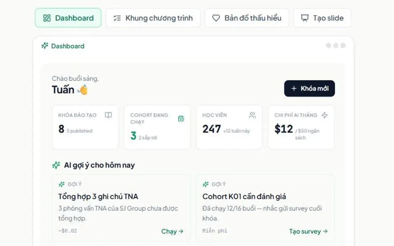 Dashboard đào tạo thống kê số khoá, số lớp đang chạy và số học viên