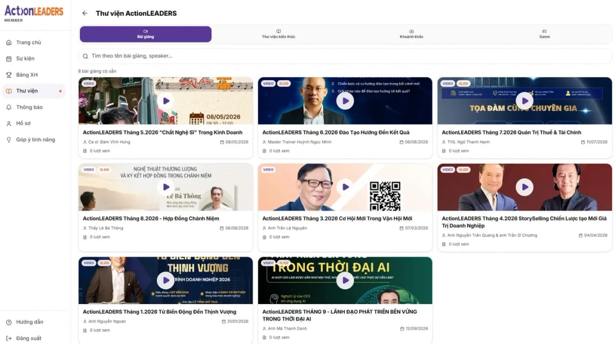Thư viện trong app ActionLEADERS với bốn tab Bài giảng, Thư viện kiến thức, Khoảnh khắc và Game